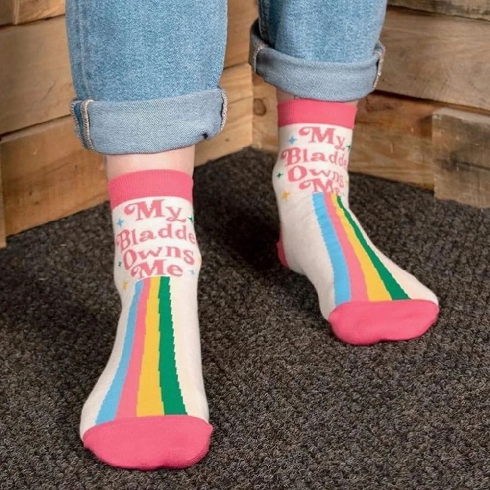 Blue Q My Bladder Owns Me Women's Novelty Ankle Socks Multicolor Rainbow Funny